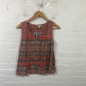 Lucky Brand Women's Geometric Tasseled Tank Top Sleeveless Red White Size Small